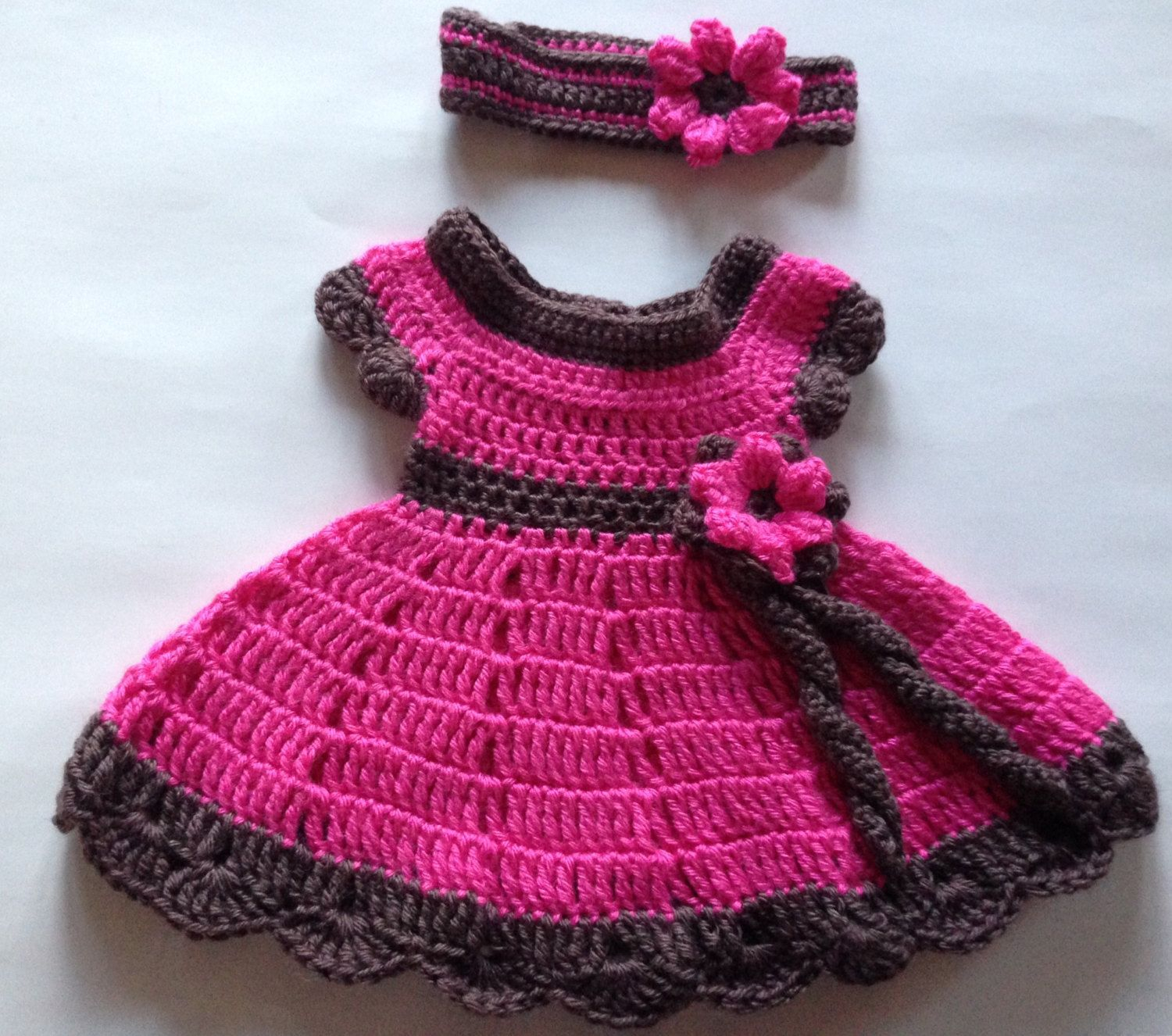 Crochet Baby Dress Free Pattern Pink And Brown Crochet Ba Dress And Headband With Flower