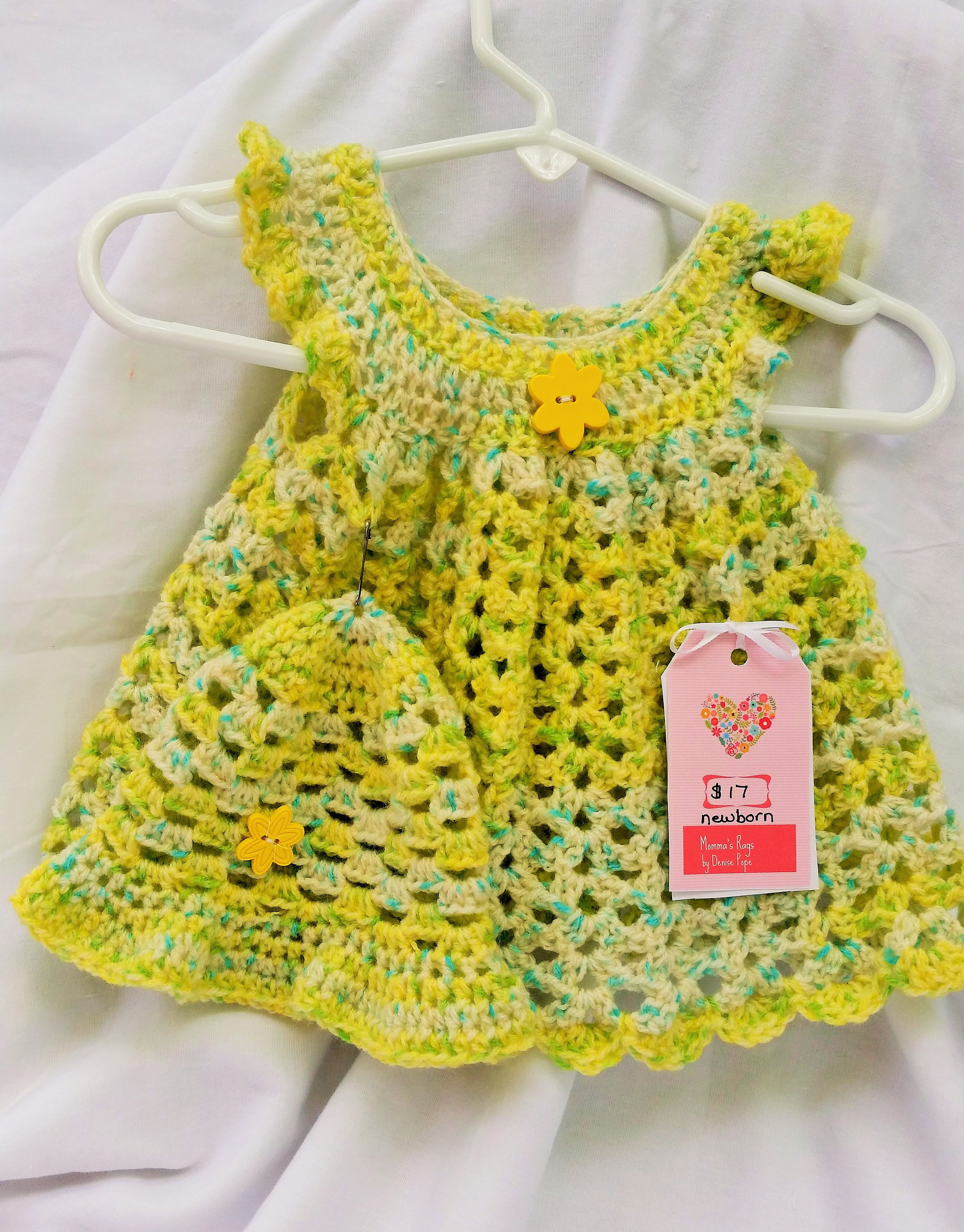 Crochet Baby Pinafore Dress Pattern Crocheted Ba Pinafore Dress Set Yellowbluegreen Etsy