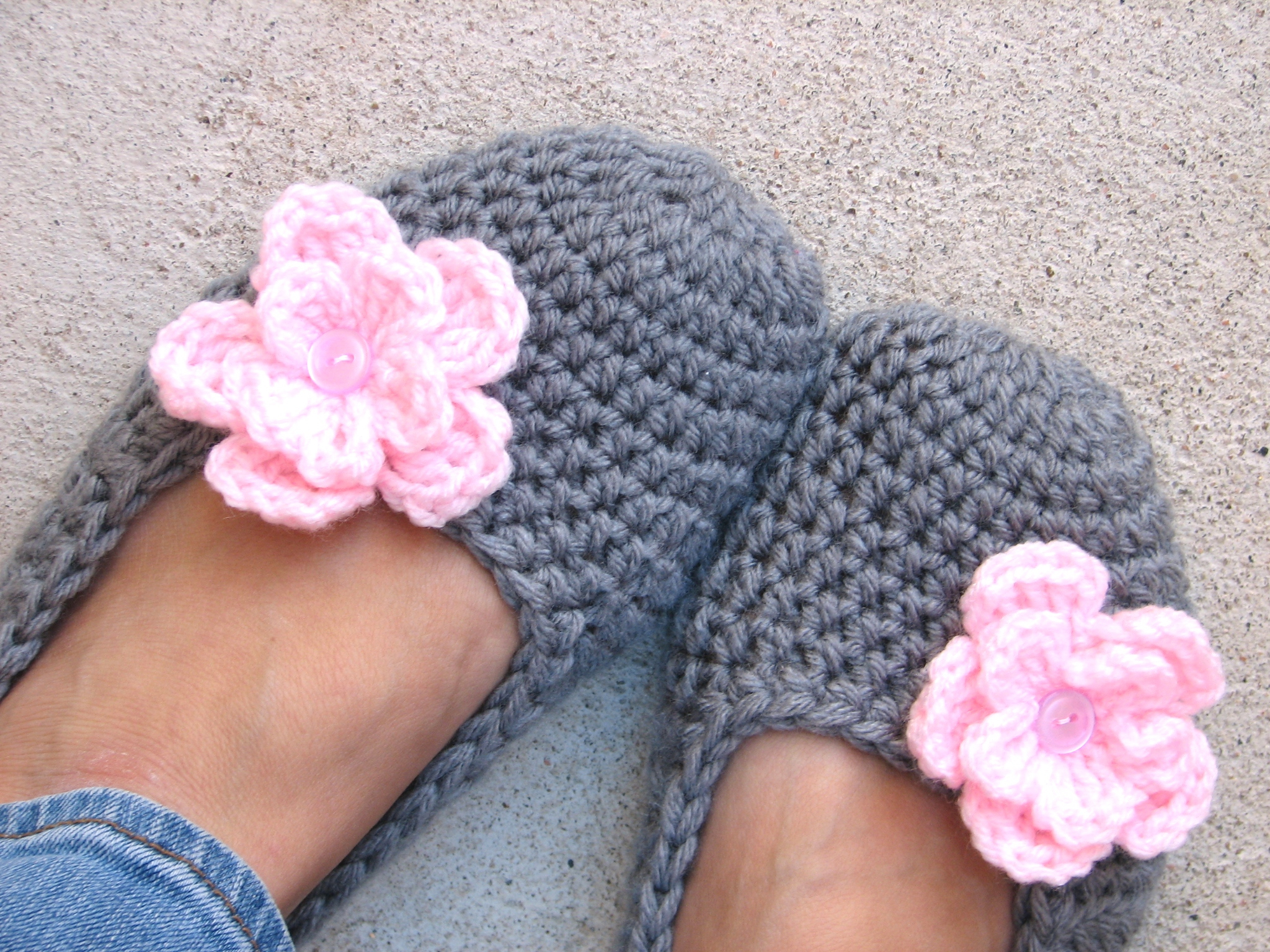 Crochet Bootie Pattern For Adults Crochet Women Slippers Grey With Pink Flower Accessories Adult