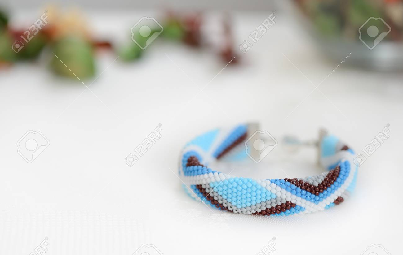 Crochet Bracelet Pattern Blue Bead Crochet Bracelet With Geometrical Pattern Stock Photo