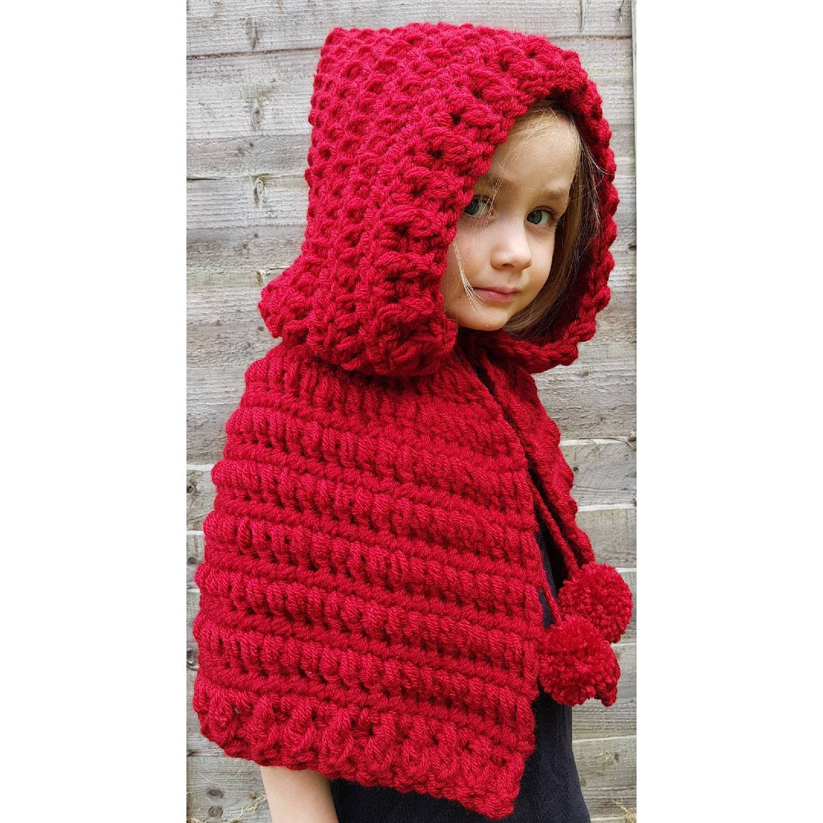 Crochet Cloak With Hood Pattern Red Hooded Handmade Crocheted Pom Pom Drawstring Cape Red Hooded