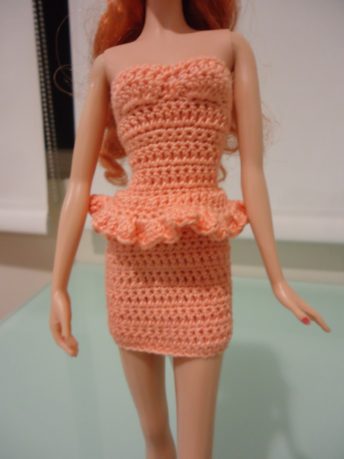 Crochet Doll Dress Patterns For Barbies Fashion Doll Crochet Clothes Simple Peach Bodycon Turned Peplum Dress