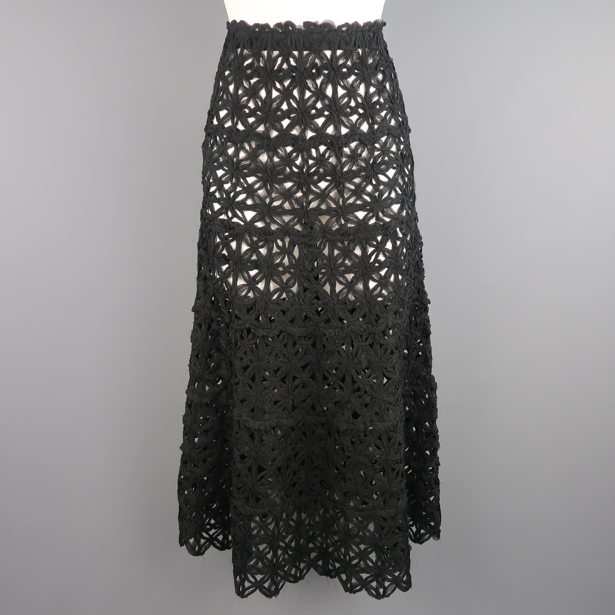 Crochet Maxi Skirt Pattern Donna Karan Size 6 Black Silk Floral Crochet Mesh A Line Maxi Skirt