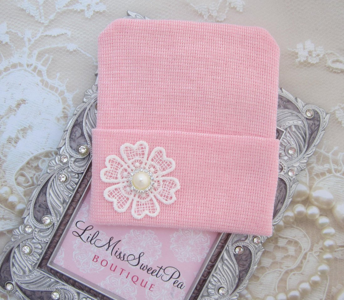 Crochet Sweet Pea Flower Pattern Newborn Hospital Hat Pink With A Crochet Flower And Pearl Button