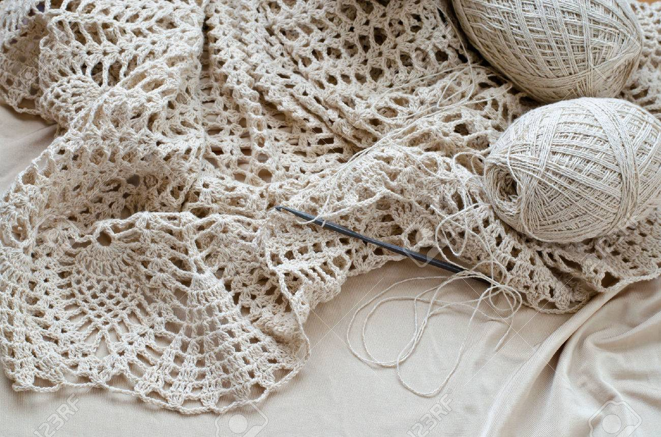 Crochet Thread Patterns Crochet Patterns On The Wooden Table Crochet Dress From Beige Yarn