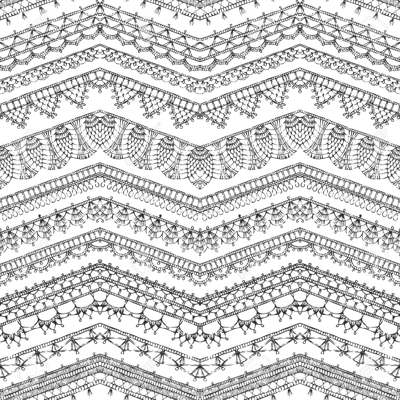 Crochet Zig Zag Pattern Vector Seamless Pattern Of Crochet Lacy Edges Sketched Zigzag