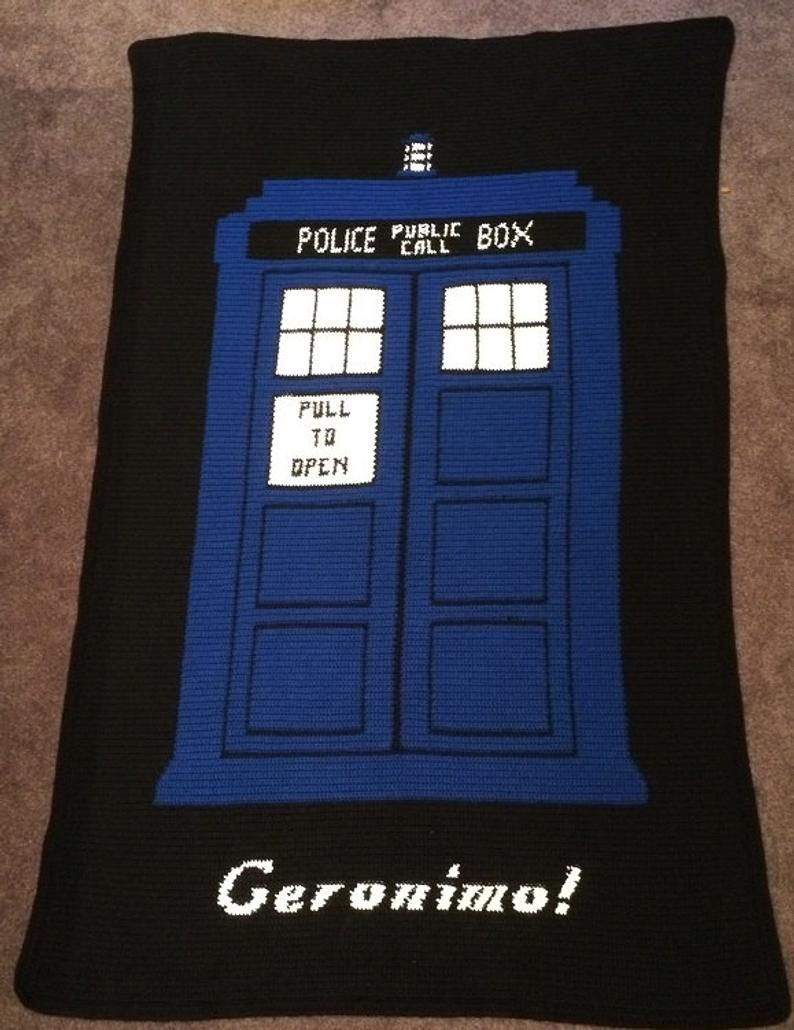 Doctor Who Crochet Blanket Pattern Doctor Who Tardis Geronimo Crochet Blanket Etsy