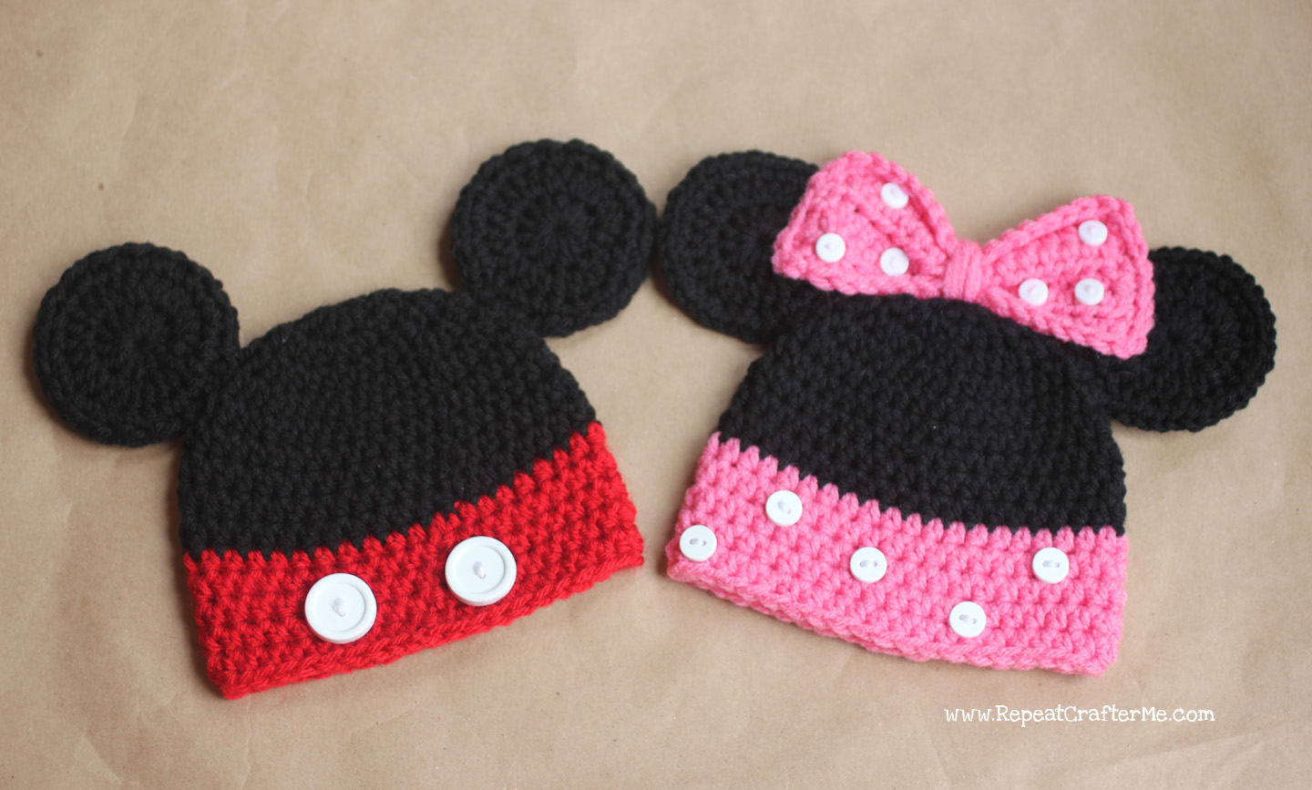 Free Crochet Minnie Mouse Doll Pattern Mickey And Minnie Mouse Crochet Hat Pattern Repeat Crafter Me