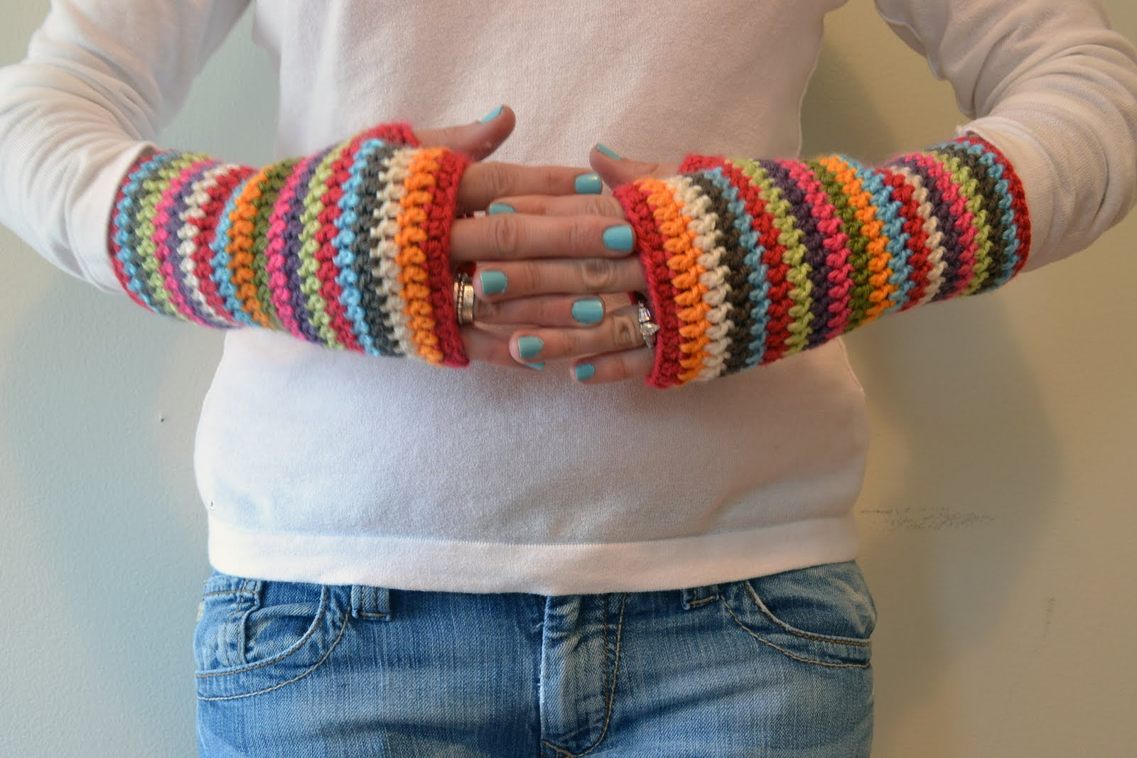 Free Crochet Pattern Hand Warmers Crochet In Color Colorful Stripey Fingerless Mitts