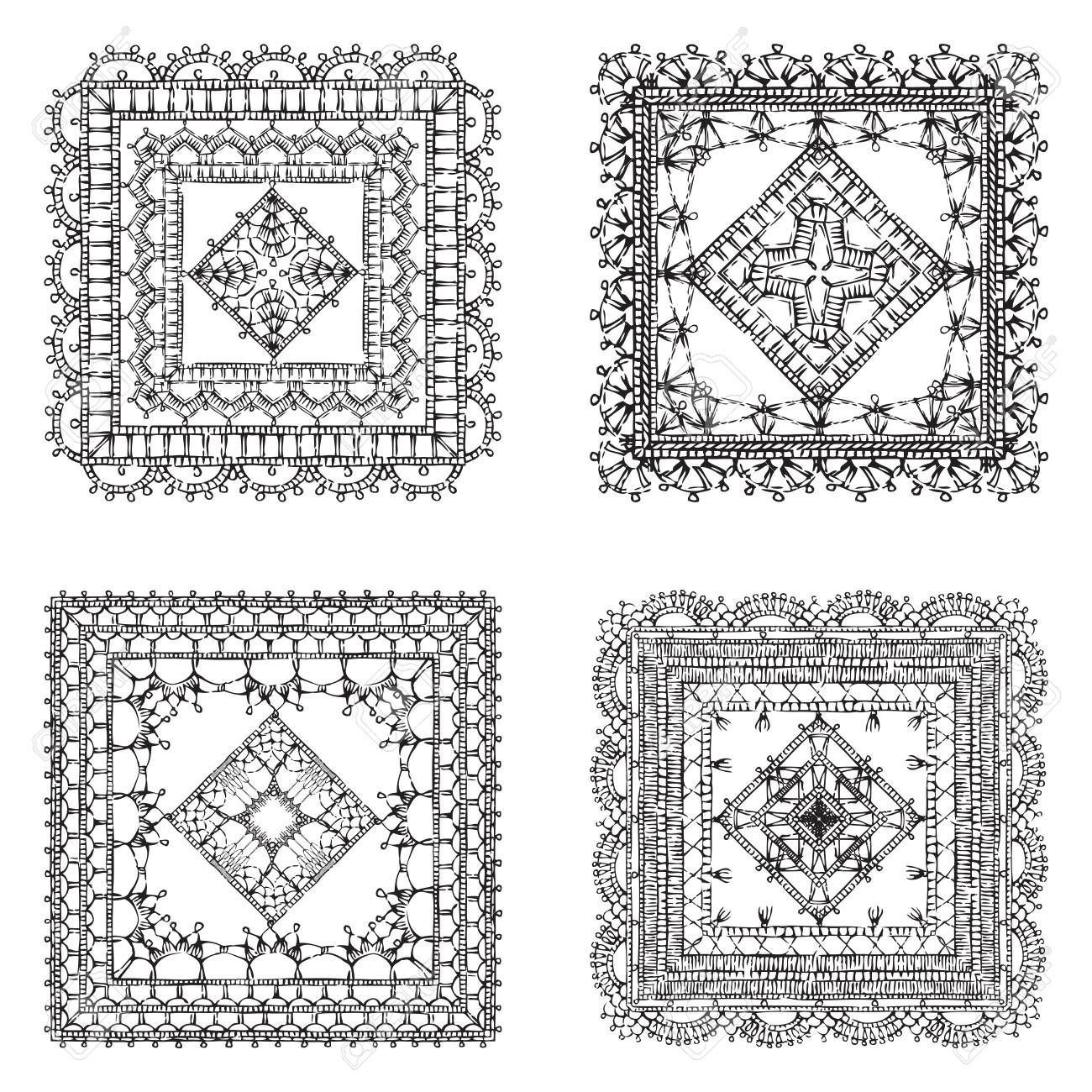Free Filet Crochet Patterns Vector Set Of Lace Crochet Square Ornaments Sketch Filet Crochet